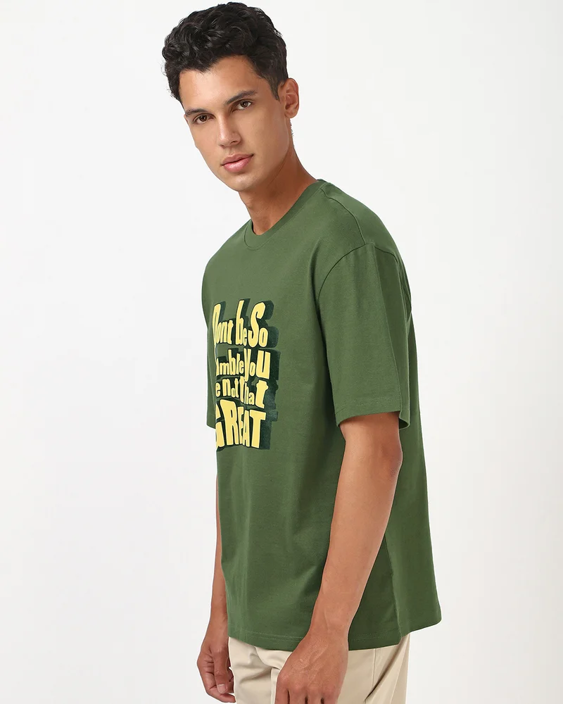 بيواكوف Men's Green Don't Be So Humble Typography Oversized T-shirt